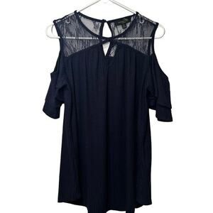 Suzanne Betro Navy Blue Cold Shoulder‎ Top Lace Medium Tunic Coquette BohoChic